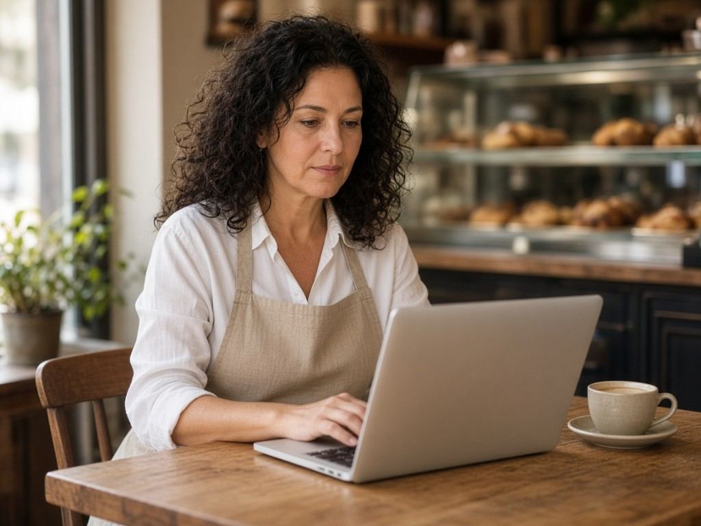 Cafe owner working on a laptop at her shop counter