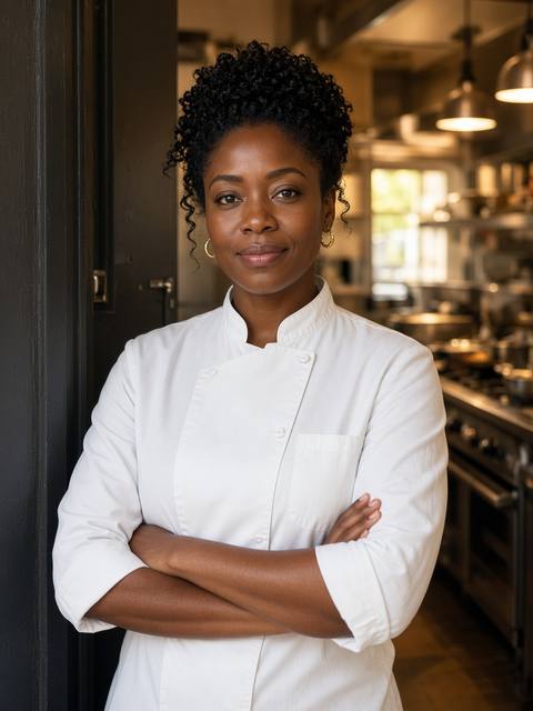 Restaurant owner in a modern kitchen doorway
