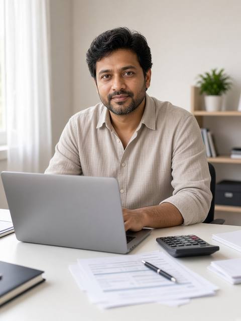 Consultant reviewing invoices at a desk