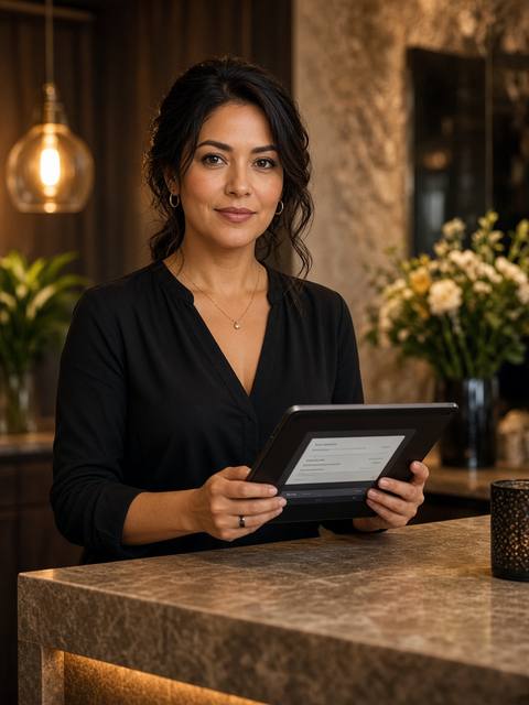 Salon owner checking payments at reception