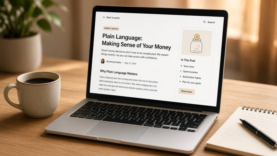 Laptop open to a plain-language money blog article