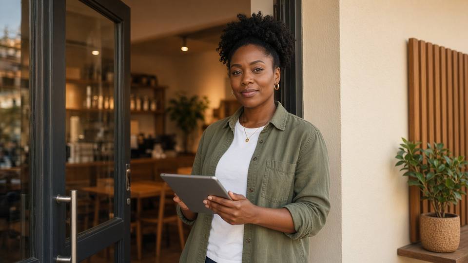 Small-business owner with a tablet in her cafe doorway